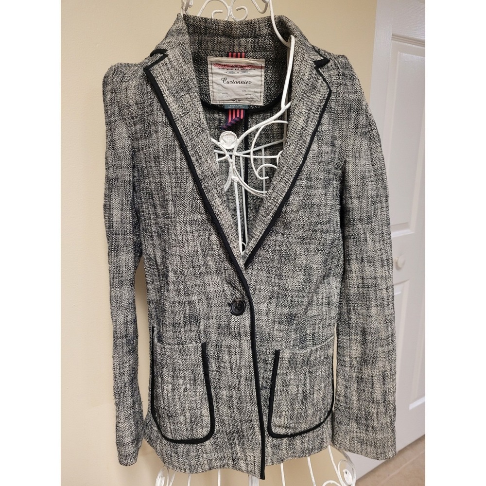 Anthropologie Womens Jacket Cartonnier‎ Black White Tweed Piping Blazer Size 2